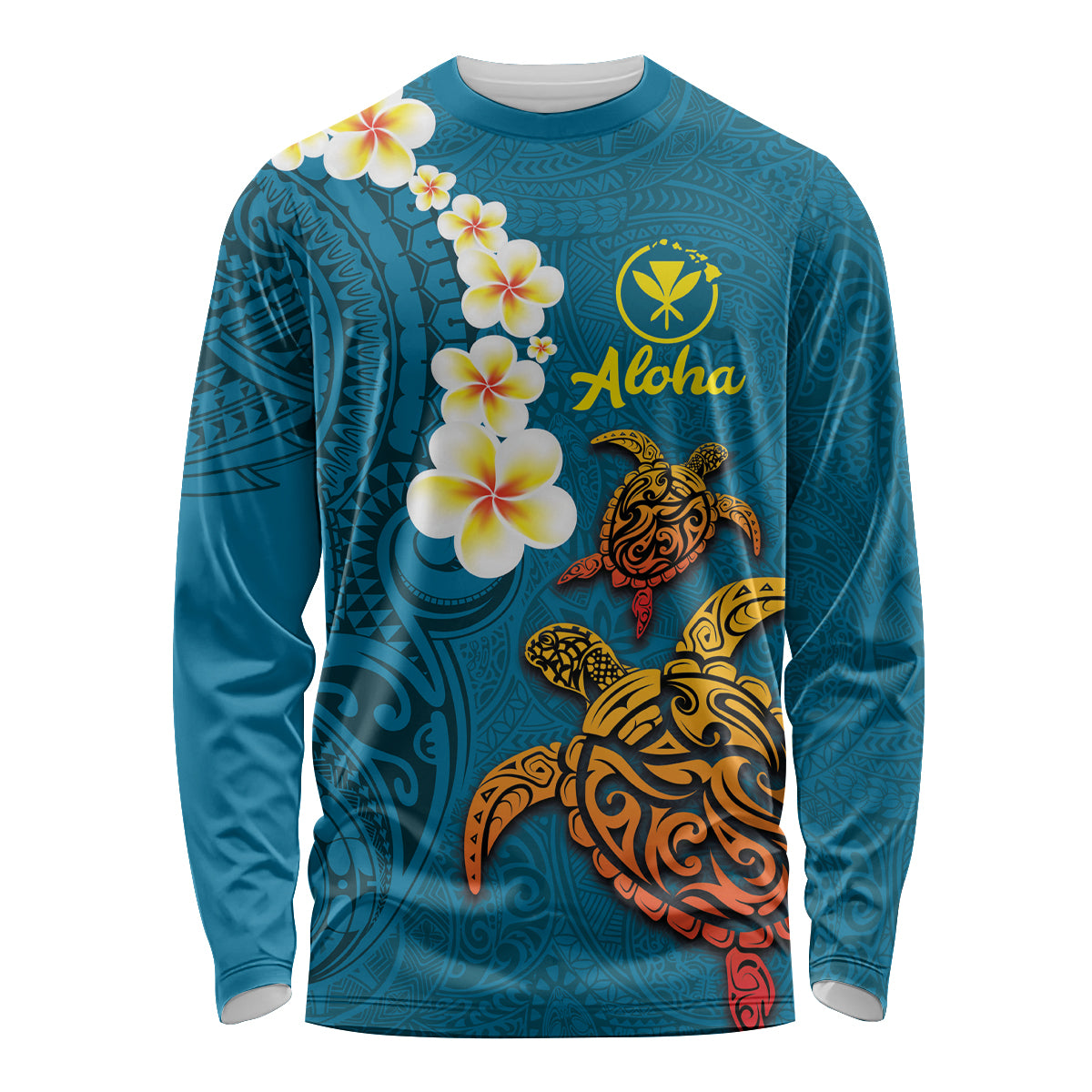 Hawaii Turtle Plumeria Flower Long Sleeve Shirt Polynesian Pattern Blue Color