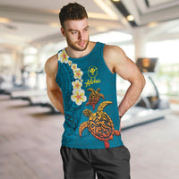 Hawaii Turtle Plumeria Flower Men Tank Top Polynesian Pattern Blue Color