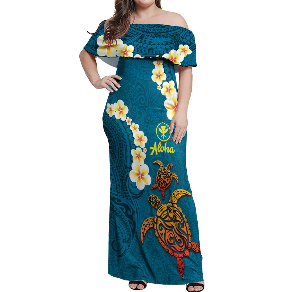 Hawaii Turtle Plumeria Flower Off Shoulder Maxi Dress Polynesian Pattern Blue Color