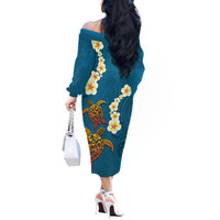Hawaii Turtle Plumeria Flower Off The Shoulder Long Sleeve Dress Polynesian Pattern Blue Color