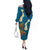 Hawaii Turtle Plumeria Flower Off The Shoulder Long Sleeve Dress Polynesian Pattern Blue Color