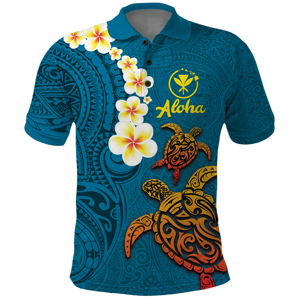 Hawaii Turtle Plumeria Flower Polo Shirt Polynesian Pattern Blue Color