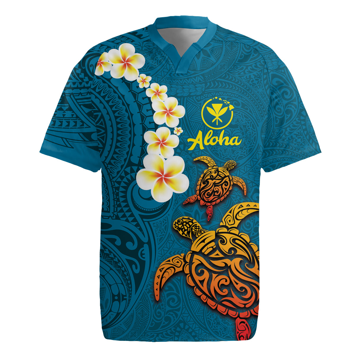 Hawaii Turtle Plumeria Flower Rugby Jersey Polynesian Pattern Blue Color