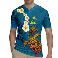 Hawaii Turtle Plumeria Flower Rugby Jersey Polynesian Pattern Blue Color