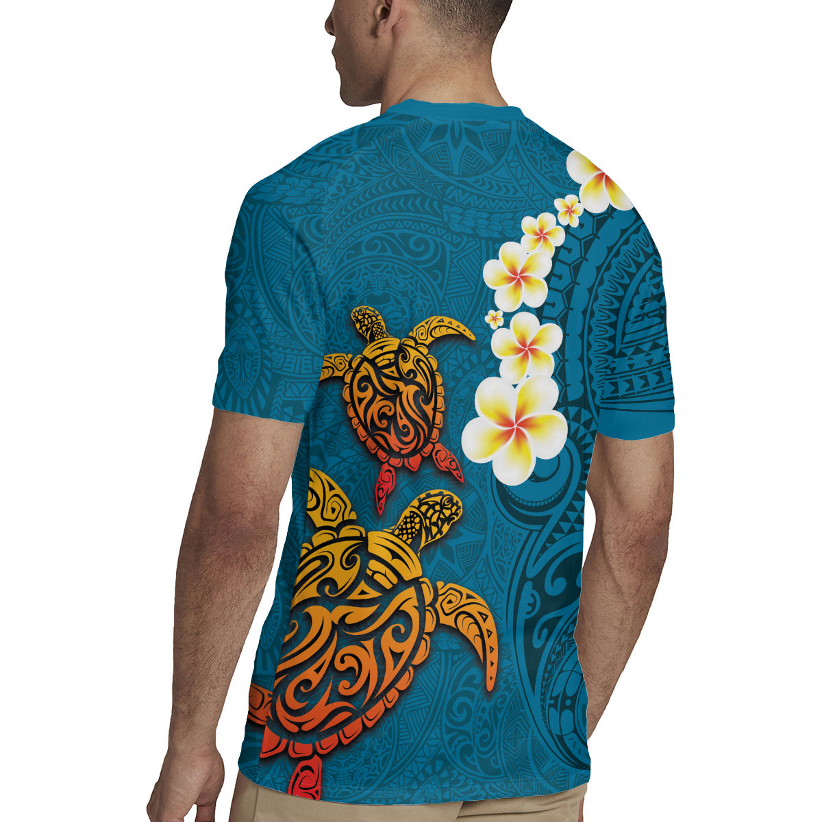 Hawaii Turtle Plumeria Flower Rugby Jersey Polynesian Pattern Blue Color