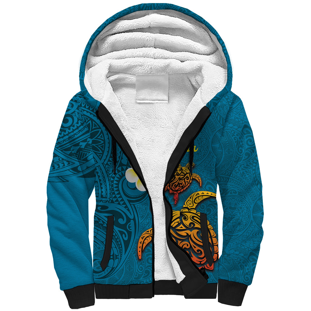Hawaii Turtle Plumeria Flower Sherpa Hoodie Polynesian Pattern Blue Color