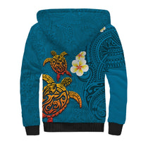Hawaii Turtle Plumeria Flower Sherpa Hoodie Polynesian Pattern Blue Color