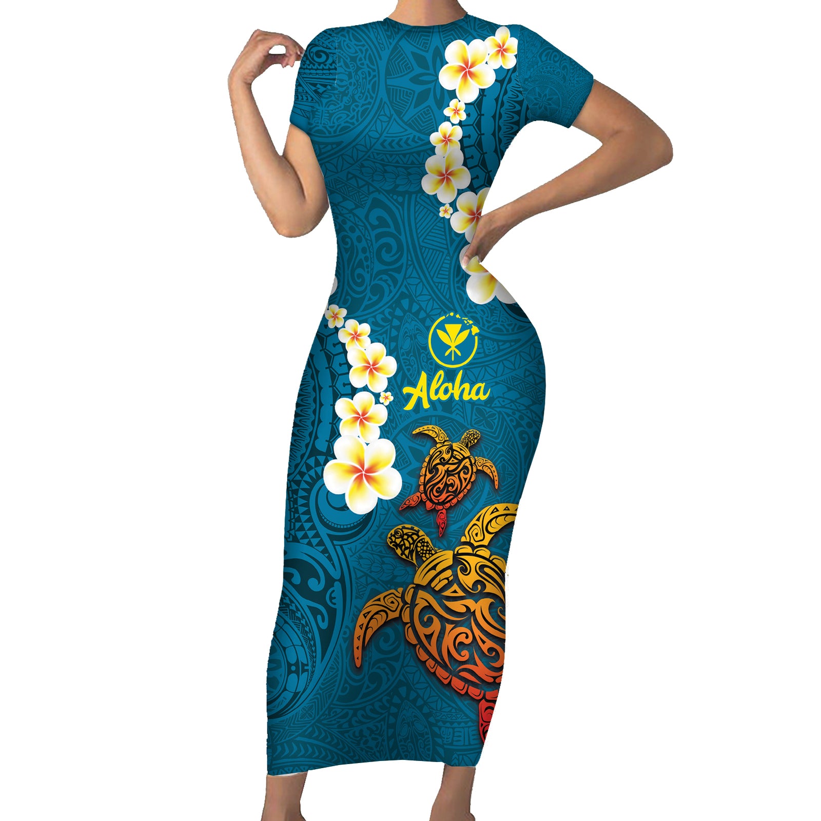 Hawaii Turtle Plumeria Flower Short Sleeve Bodycon Dress Polynesian Pattern Blue Color
