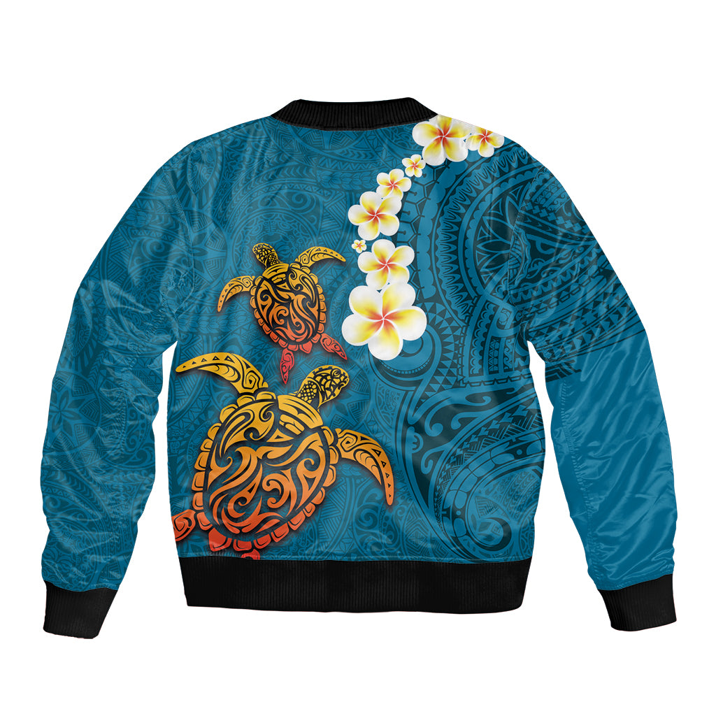 Hawaii Turtle Plumeria Flower Sleeve Zip Bomber Jacket Polynesian Pattern Blue Color