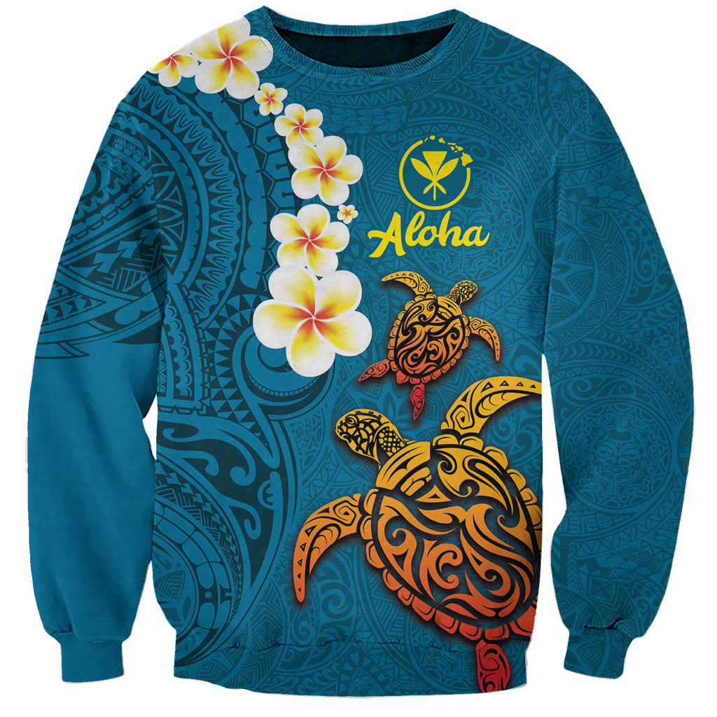 Hawaii Turtle Plumeria Flower Sweatshirt Polynesian Pattern Blue Color