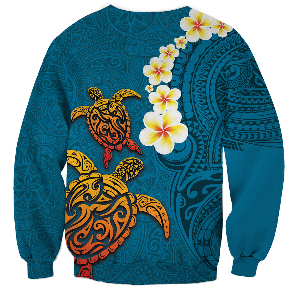 Hawaii Turtle Plumeria Flower Sweatshirt Polynesian Pattern Blue Color