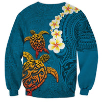 Hawaii Turtle Plumeria Flower Sweatshirt Polynesian Pattern Blue Color
