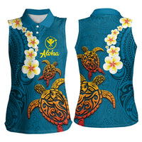 Hawaii Turtle Plumeria Flower Women Sleeveless Polo Shirt Polynesian Pattern Blue Color