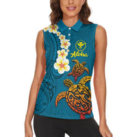 Hawaii Turtle Plumeria Flower Women Sleeveless Polo Shirt Polynesian Pattern Blue Color
