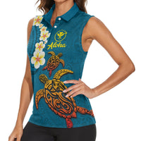 Hawaii Turtle Plumeria Flower Women Sleeveless Polo Shirt Polynesian Pattern Blue Color