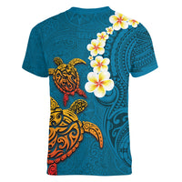 Hawaii Turtle Plumeria Flower Women V-Neck T-Shirt Polynesian Pattern Blue Color
