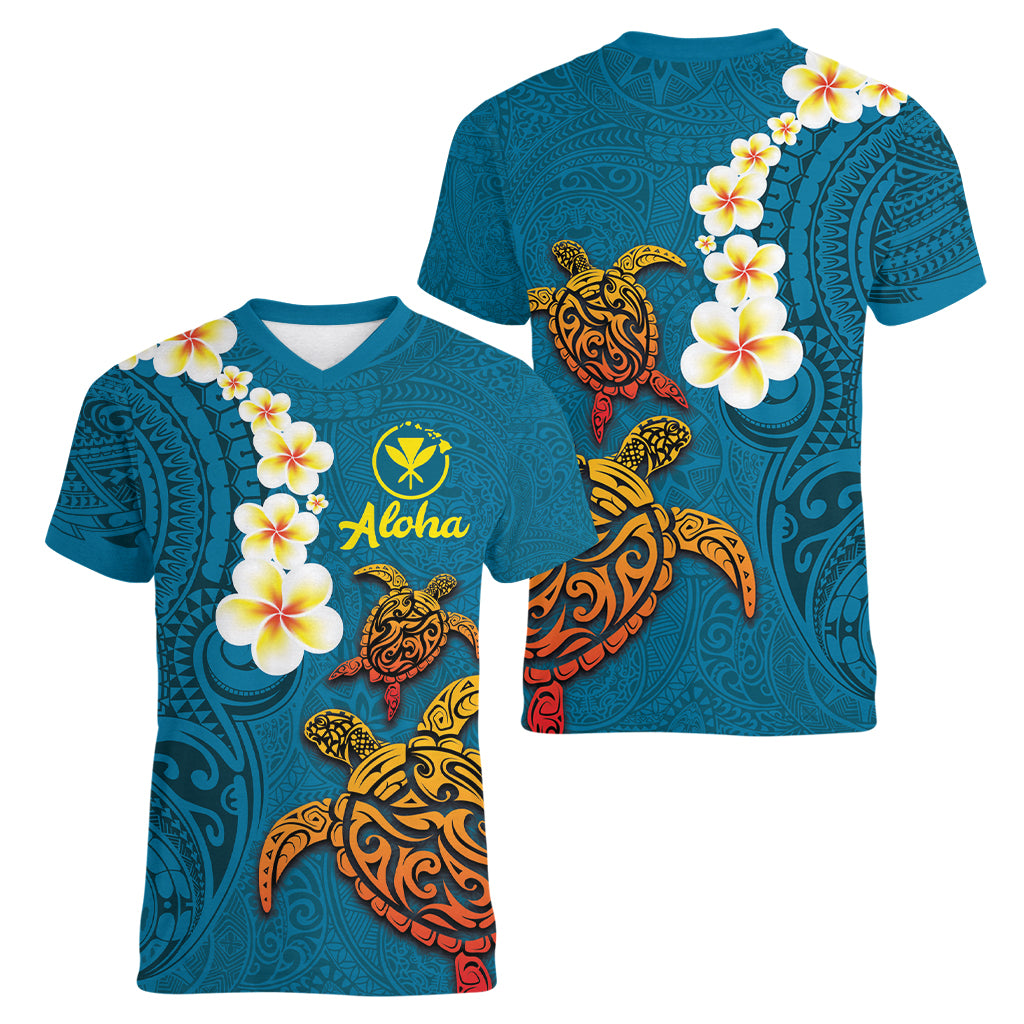 Hawaii Turtle Plumeria Flower Women V-Neck T-Shirt Polynesian Pattern Blue Color