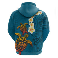 Hawaii Turtle Plumeria Flower Zip Hoodie Polynesian Pattern Blue Color