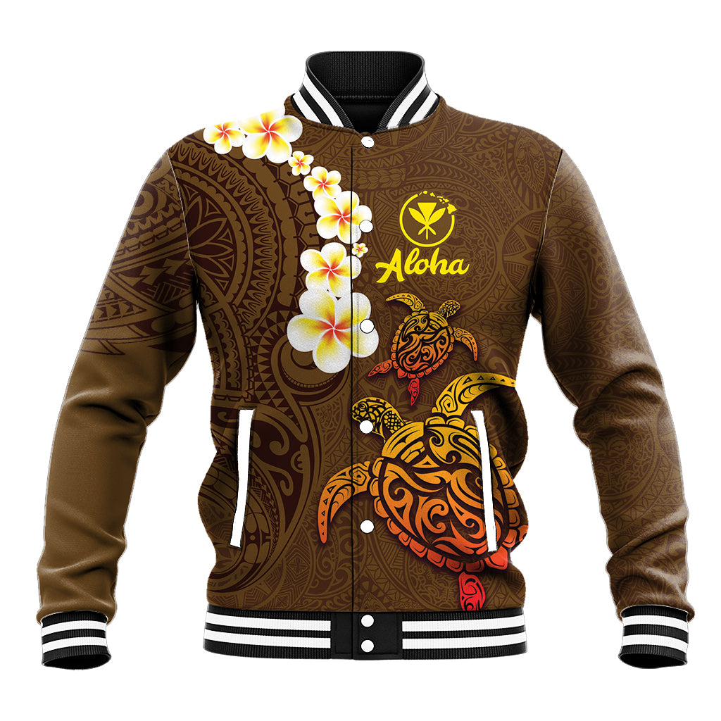 Hawaii Turtle Plumeria Flower Baseball Jacket Polynesian Pattern Brown Color