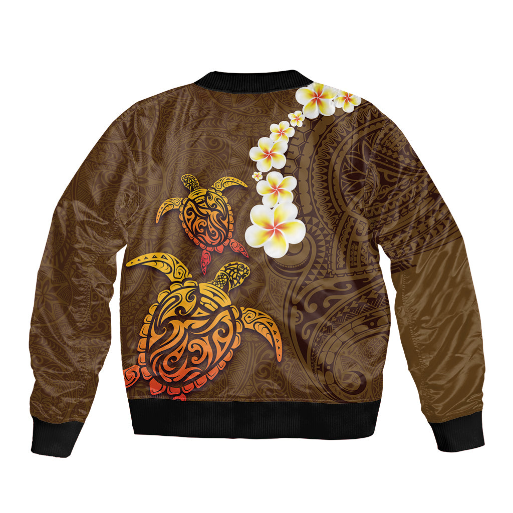 Hawaii Turtle Plumeria Flower Bomber Jacket Polynesian Pattern Brown Color