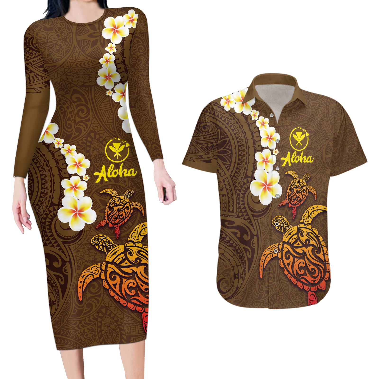 Hawaii Turtle Plumeria Flower Couples Matching Long Sleeve Bodycon Dress and Hawaiian Shirt Polynesian Pattern Brown Color LT03 Brown - Polynesian Pride