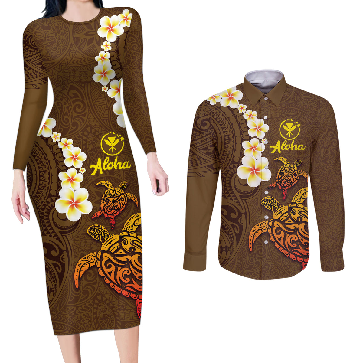 Hawaii Turtle Plumeria Flower Couples Matching Long Sleeve Bodycon Dress and Long Sleeve Button Shirt Polynesian Pattern Brown Color