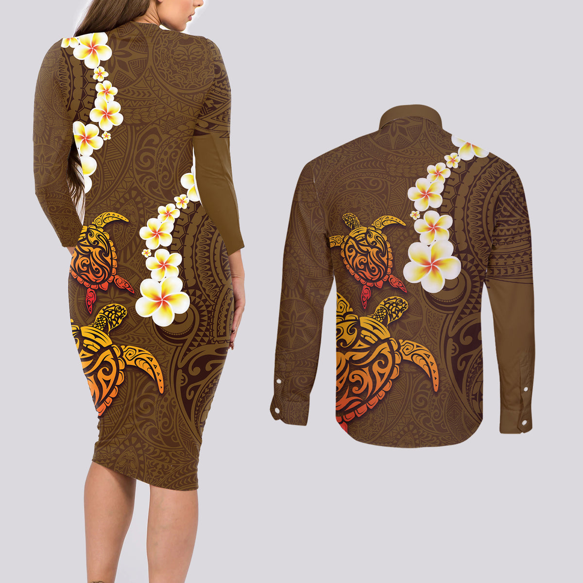 Hawaii Turtle Plumeria Flower Couples Matching Long Sleeve Bodycon Dress and Long Sleeve Button Shirt Polynesian Pattern Brown Color