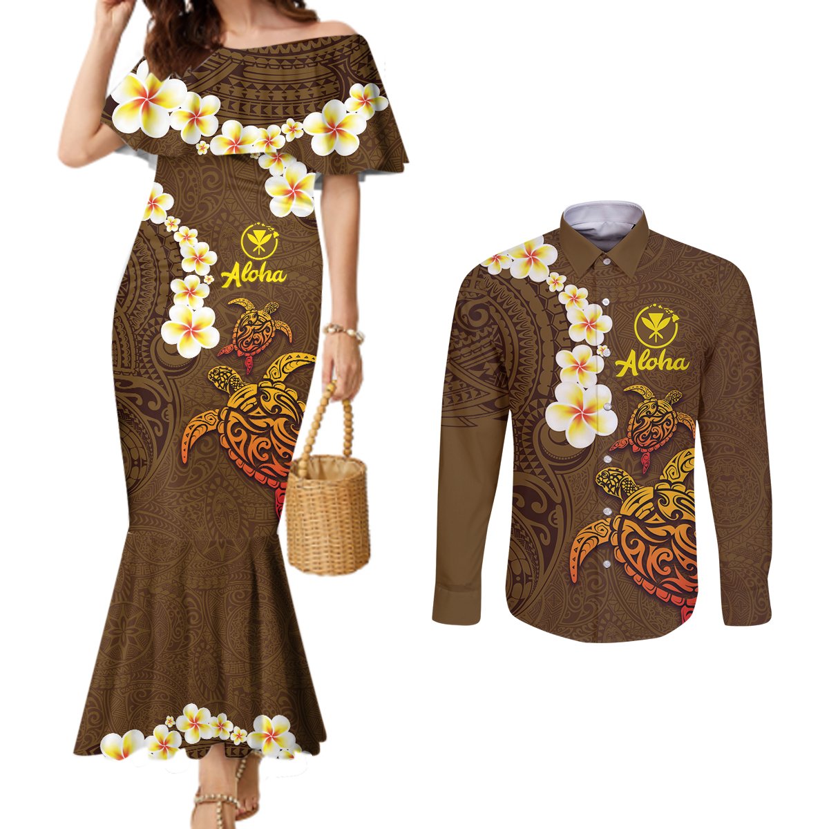 Hawaii Turtle Plumeria Flower Couples Matching Mermaid Dress and Long Sleeve Button Shirt Polynesian Pattern Brown Color