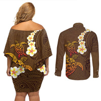 Hawaii Turtle Plumeria Flower Couples Matching Off Shoulder Short Dress and Long Sleeve Button Shirt Polynesian Pattern Brown Color