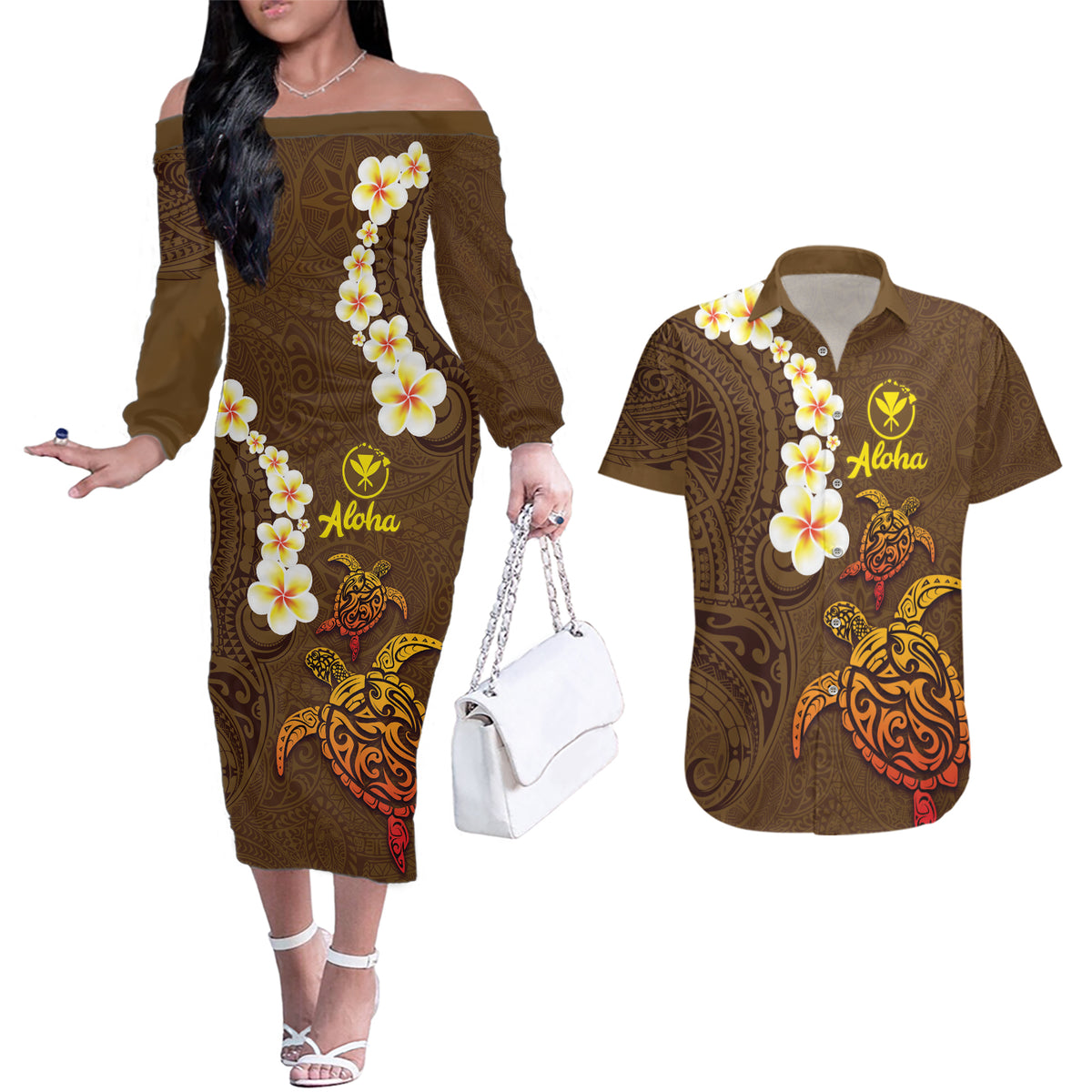 Hawaii Turtle Plumeria Flower Couples Matching Off The Shoulder Long Sleeve Dress and Hawaiian Shirt Polynesian Pattern Brown Color