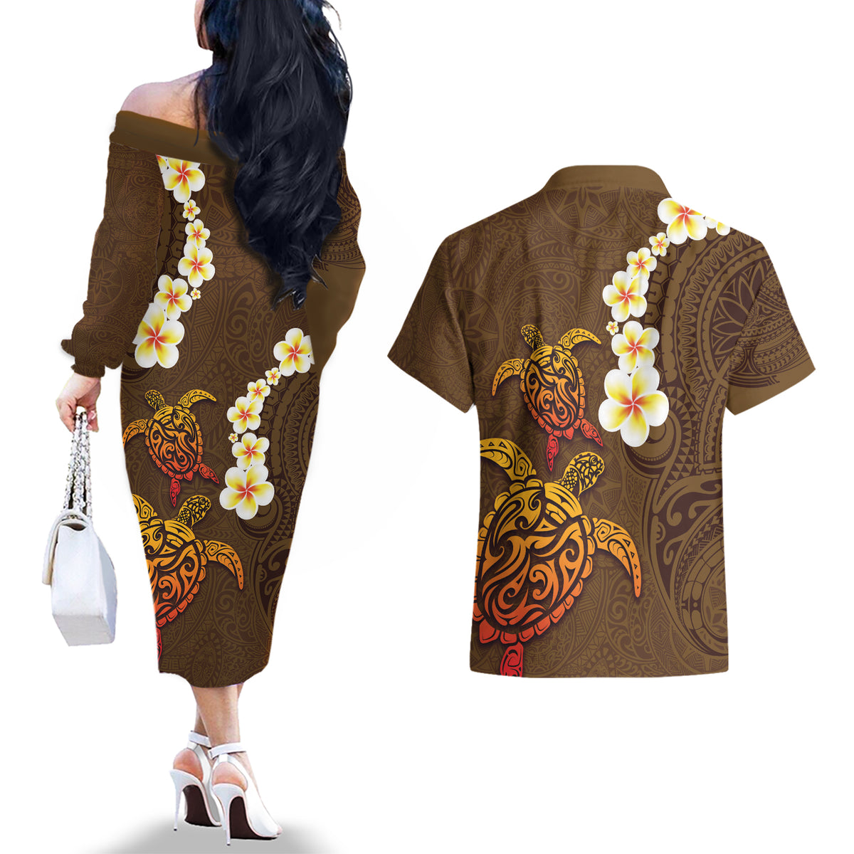 Hawaii Turtle Plumeria Flower Couples Matching Off The Shoulder Long Sleeve Dress and Hawaiian Shirt Polynesian Pattern Brown Color