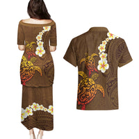 Hawaii Turtle Plumeria Flower Couples Matching Puletasi and Hawaiian Shirt Polynesian Pattern Brown Color