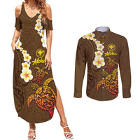Hawaii Turtle Plumeria Flower Couples Matching Summer Maxi Dress and Long Sleeve Button Shirt Polynesian Pattern Brown Color