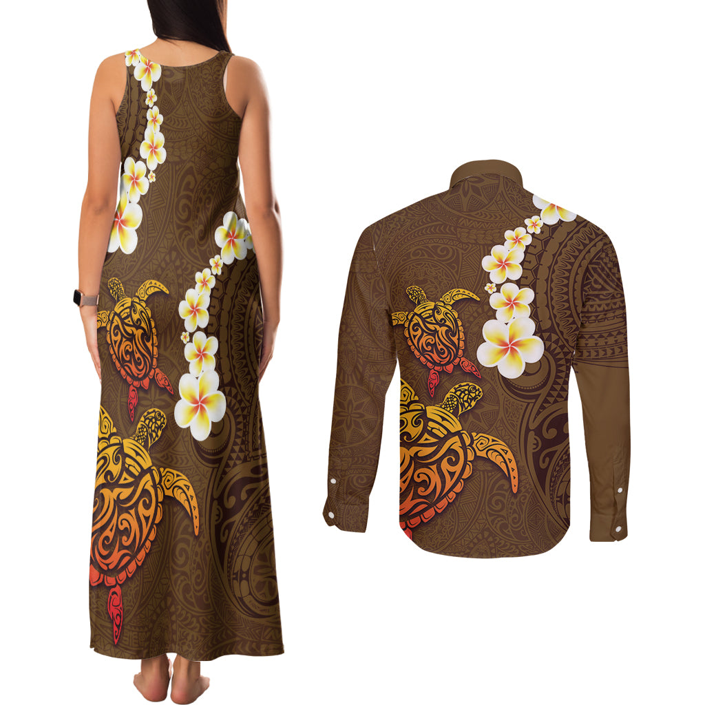 Hawaii Turtle Plumeria Flower Couples Matching Tank Maxi Dress and Long Sleeve Button Shirt Polynesian Pattern Brown Color