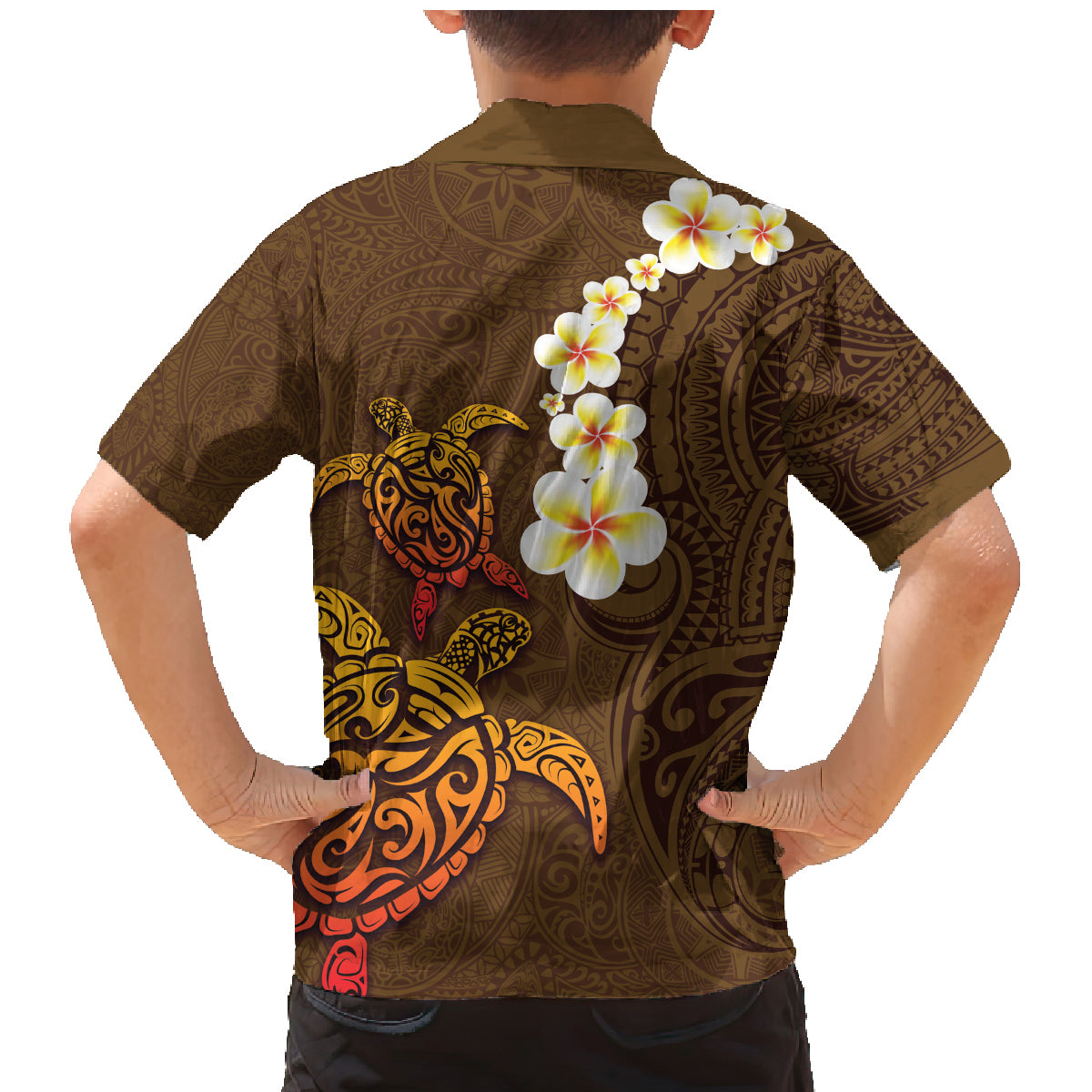 Hawaii Turtle Plumeria Flower Family Matching Mermaid Dress and Hawaiian Shirt Polynesian Pattern Brown Color