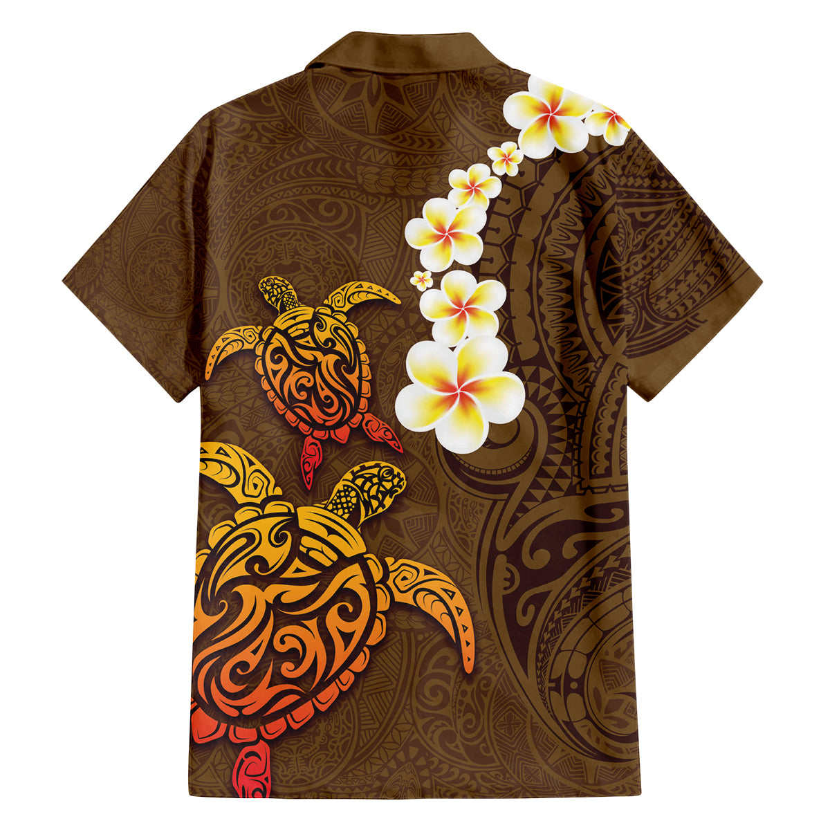 Hawaii Turtle Plumeria Flower Family Matching Tank Maxi Dress and Hawaiian Shirt Polynesian Pattern Brown Color