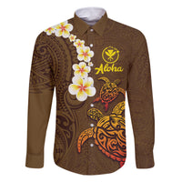 Hawaii Turtle Plumeria Flower Family Matching Tank Maxi Dress and Hawaiian Shirt Polynesian Pattern Brown Color