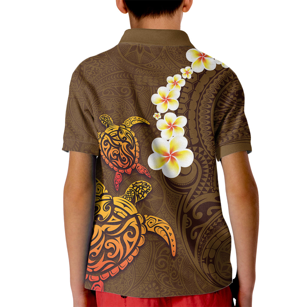 Hawaii Turtle Plumeria Flower Kid Polo Shirt Polynesian Pattern Brown Color