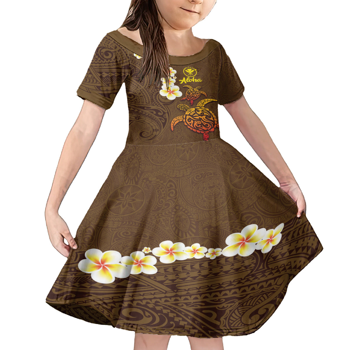 Hawaii Turtle Plumeria Flower Kid Short Sleeve Dress Polynesian Pattern Brown Color