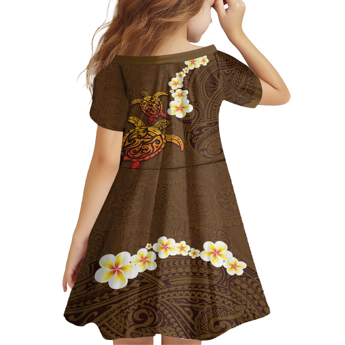Hawaii Turtle Plumeria Flower Kid Short Sleeve Dress Polynesian Pattern Brown Color