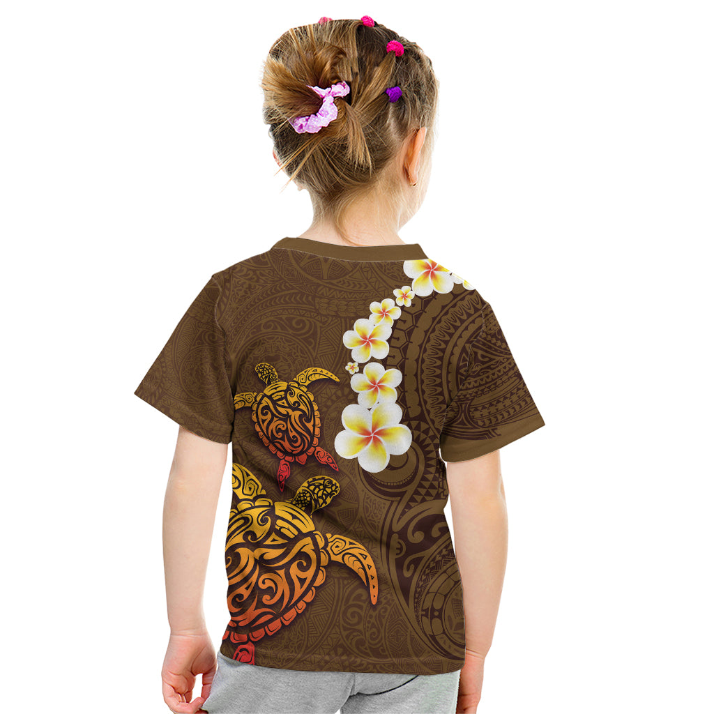 Hawaii Turtle Plumeria Flower Kid T Shirt Polynesian Pattern Brown Color