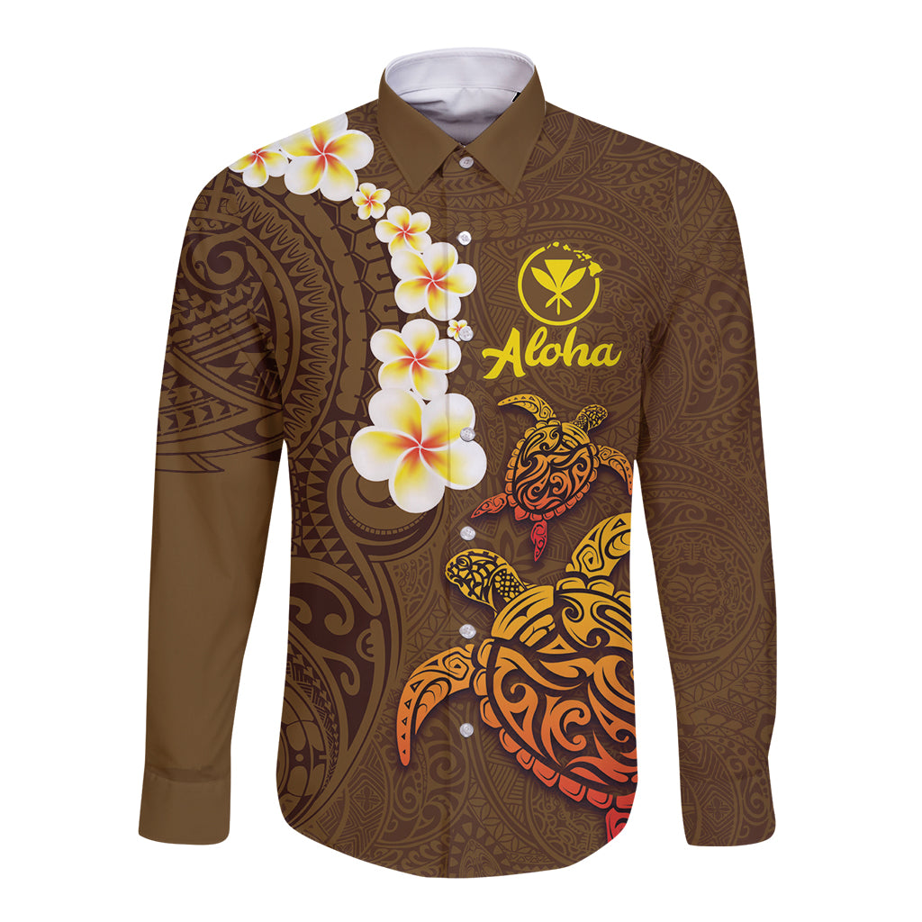 Hawaii Turtle Plumeria Flower Long Sleeve Button Shirt Polynesian Pattern Brown Color LT03 Unisex Brown - Polynesian Pride