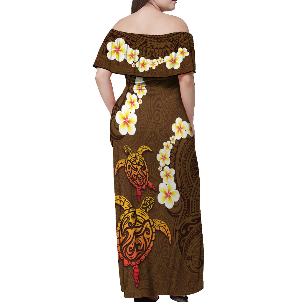 Hawaii Turtle Plumeria Flower Off Shoulder Maxi Dress Polynesian Pattern Brown Color