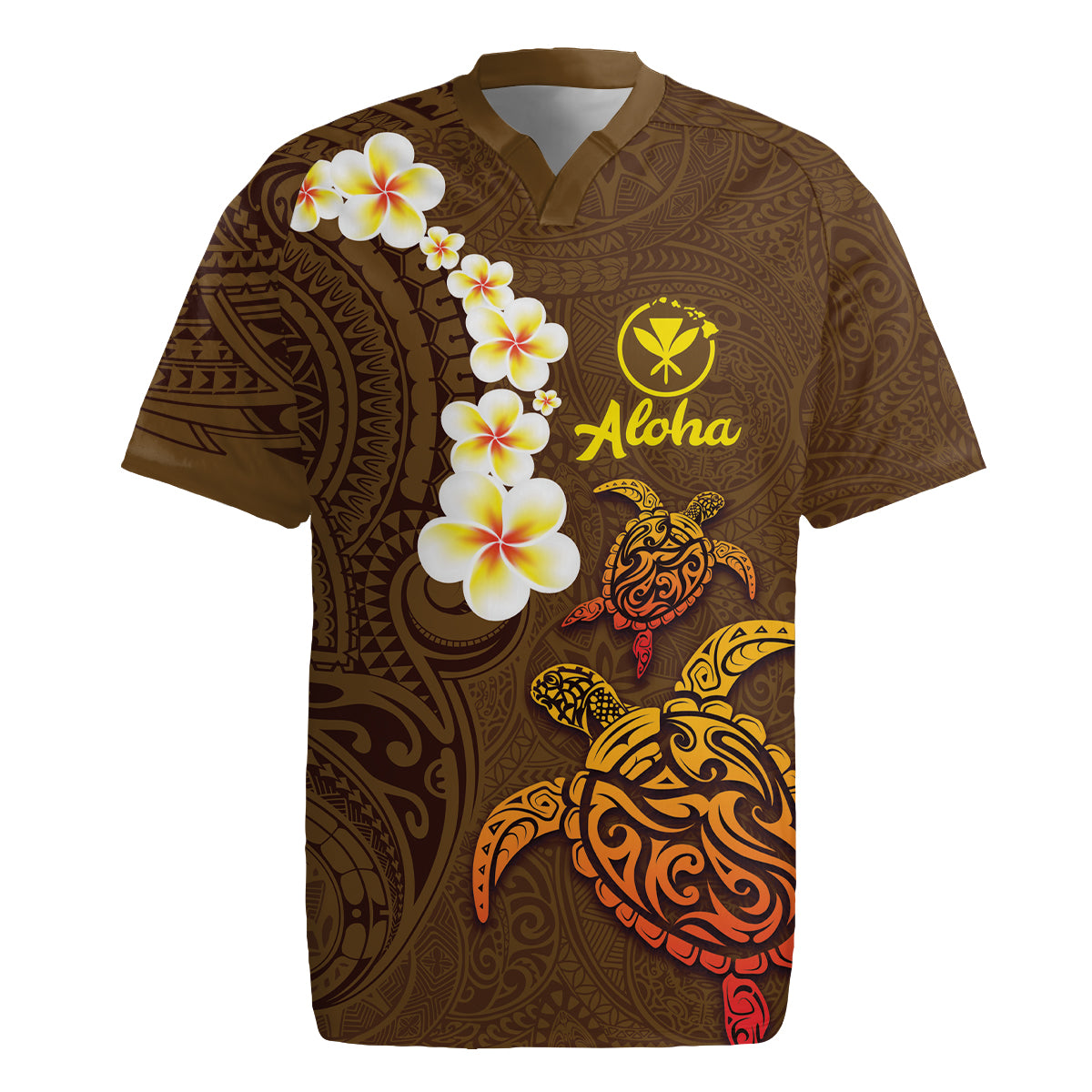 Hawaii Turtle Plumeria Flower Rugby Jersey Polynesian Pattern Brown Color