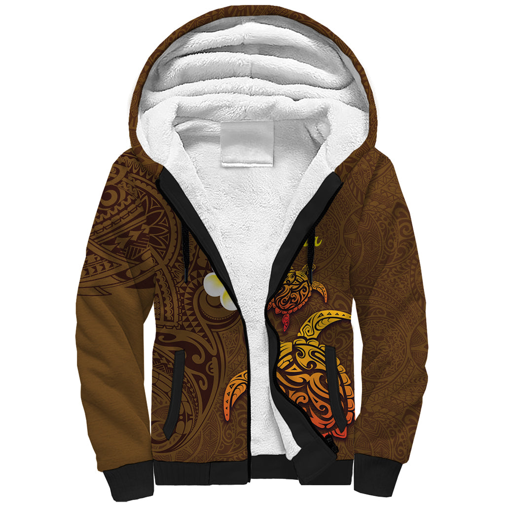 Hawaii Turtle Plumeria Flower Sherpa Hoodie Polynesian Pattern Brown Color