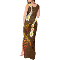 Hawaii Turtle Plumeria Flower Tank Maxi Dress Polynesian Pattern Brown Color