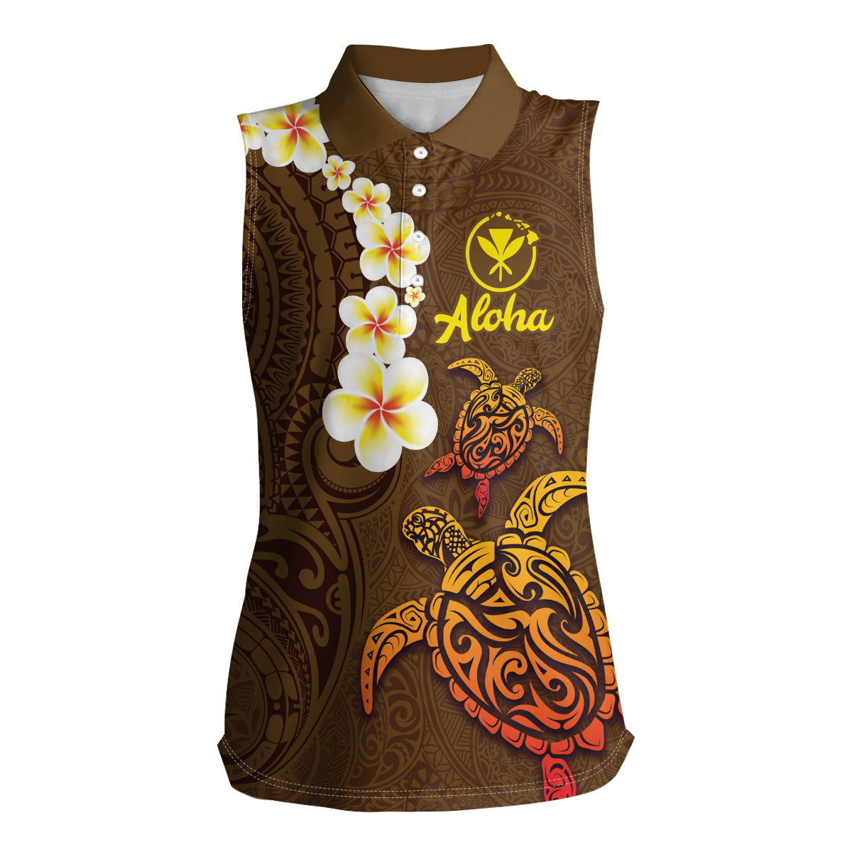 Hawaii Turtle Plumeria Flower Women Sleeveless Polo Shirt Polynesian Pattern Brown Color