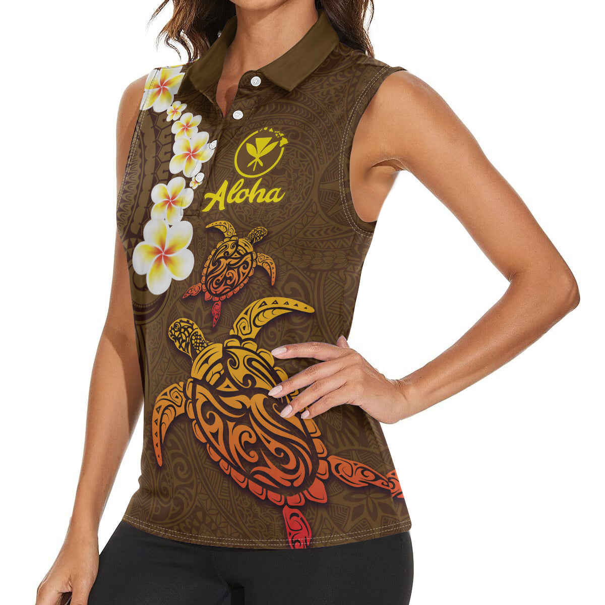 Hawaii Turtle Plumeria Flower Women Sleeveless Polo Shirt Polynesian Pattern Brown Color