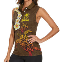 Hawaii Turtle Plumeria Flower Women Sleeveless Polo Shirt Polynesian Pattern Brown Color