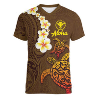 Hawaii Turtle Plumeria Flower Women V-Neck T-Shirt Polynesian Pattern Brown Color